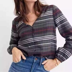 Madewell V-Neck Button Front Shirt Plainview Multicolor Plaid Top Size Medium